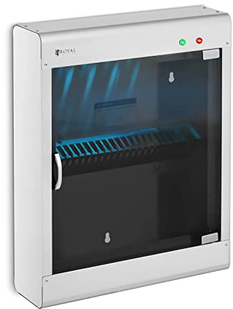 Royal Catering Stérilisateur UV Pour Couteaux Armoire De stérilisation Ultraviolet Lumière Ultraviolette RC-KSSS501 (Pour 20 Couteaux, 8 W, Boitier en Inox, Porte en Verre Acrylique, Minuterie 60 min)