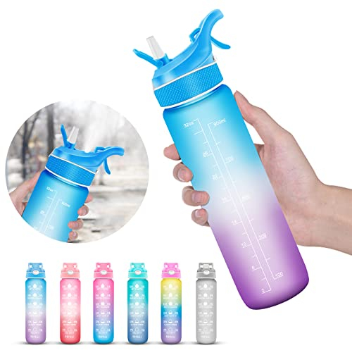 WOODFIB Sports Water Bottle with Spray Mist for Outdoor Hydration, 1L Motivational Water Bottle with Time Marker, Flip Straw & BPA Free Tritan Plastic, Ideal for Running, Fitness and Cycling