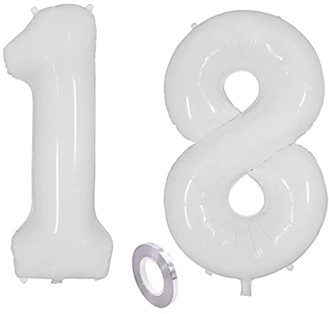 Weiß Luftballons Zahl 18. Geburtstag deko Mädchen Junge,Zahlen Ballon 18 Geburtstag deko, 40 Zoll Heliumballon 18 jahre Geburtstagsdeko Mädchen Junge Aufblasbar Helium Folienballon 18 Weiß（18）