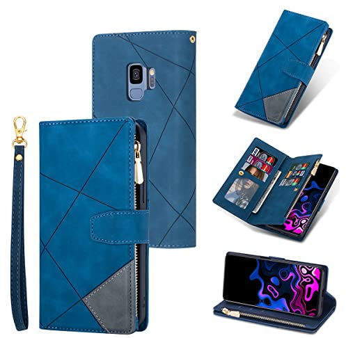 UEEBAI Hülle für Samsung Galaxy S9, Retro Reißverschluss Handyhülle PU Leder Handytasche Silikon Bumper mit 9 Kartenfächer Standfunktion Geldbörse Trageband Schutzhülle Flip Wallet Case - Blau