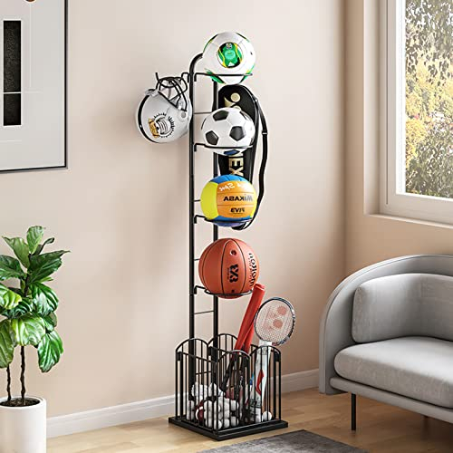 PEALOV Ball Rack,Ball Storage Rack,4 Stack Standing Ball Storage Holder,Sports Equipment Storage for Garage with Basket and Hooks Basketball Racks,Removable Vertical Display Stand for Ball Toy Storage
