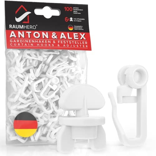 Raumhero Gardinenröllchen für Schiene (Komplettset 100x Gardinenhaken inkl. 6X Stopper) - 8mm Standardmaß Gardinengleiter - Gardinenhaken für Schienen - 100% Made in Germany