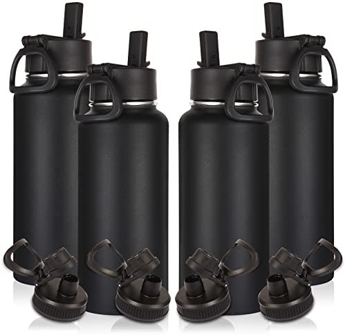 Volhoply 1 Liter Trinkflasche Edelstahl Vier Packungen,Doppelwandig Vakuum Isolierte Thermosflasche mit Strohhalm,1L Metall Thermoskanne mit 2 Deckeln für kinder,Sport,Schule,Outdoor(Schwarz,4 Set)