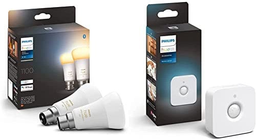 Philips Hue White Ambiance Smart Bulb Twin Pack LED [B22 Bayonet Cap] - 1100 Lumens Works with Alexa, Google Assistant and Apple Homekit & Indoor Motion Sensor with Wireless Control.