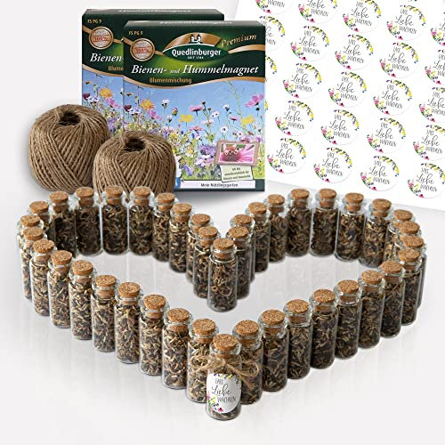 Gastgeschenke Blumensamen Hochzeit - 40 x Mini Glas mit Korken, Aufkleber, Band und Saatgut (Wildblumen)