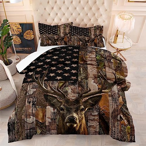 Tailor Shop Hirsch-Bettwäsche-Set, volle Größe für Jungen, Kinder, Teenager, amerikanische Flagge, Camouflage-Bettwäsche-Set, Jagd, Tröstersets, Wald, Wald, Bett-Set, mit 1 Bettdecke und 2