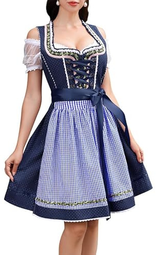 Clearlove Dirndl Damen midi 3tlg Trachtenkleid Damen Trachtenrock Trachtenmode Kleid Dirndlbluse für Oktoberfest(Navy Blau,36)