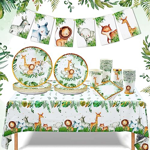 Platos de papel de safari de la selva, servilletas con pancarta y mantel, juego de vajilla de fiesta con patrón de vida silvestre para cumpleaños, baby shower, selva, suministros de fiesta de