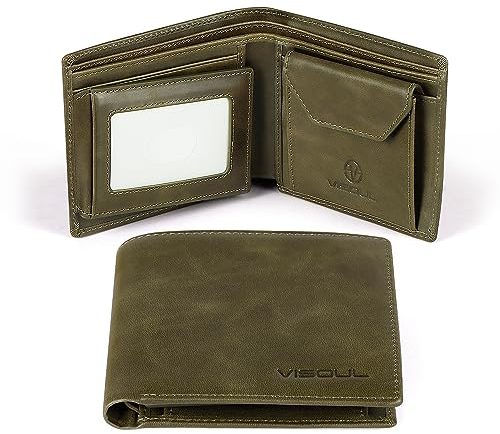 VISOUL Leder Geldbörse Herren mit ID Fenster und Münzfach & RFID Schutz Echtleder Geldbeutel für MännerPortemonnaie Brieftasche Wallet Portmonee Q09 171 Grün