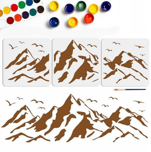 MAYJOYDIY 3 Pochoir de Montagne Pochoir de Peinture Forêt d'Oiseaux Ourdoor 30×30cm Modèle de dessin Montagne Paysage avec pinceau pour L'Artisanat Sur Fenêtre Mur en Bois Tissu Décoration