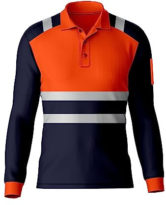 Mens High Visibility Reflective Tape Hi Vis Safety Workwear Polo Shirt Long Sleeve Tee Contrast Tshirt Top Navy Orange