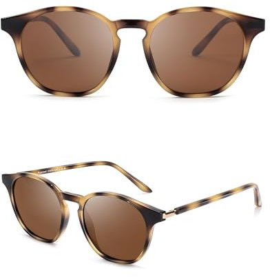 SIPHEW Lunettes de soleil polarisées pour homme - Style rétro vintage - Verres ronds - Protection UV 400 - Pour le sport, les loisirs, Tortue jaune, cadre marron