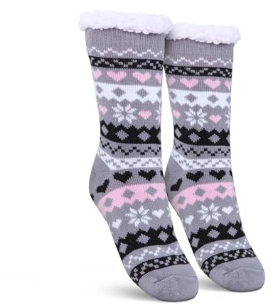 Bestlivings Haussocken Damen mit Teddyfutter - Hüttensocken mit Anti-Rutsch-Sohle - ABS Norweger Socken Herz - Kuschelsocken Einheitsgröße Stopper