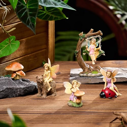 TERESA'S COLLECTIONS 5 Stück Feengarten Gartendeko für Draußen,Miniatur Garten Deko,Miniatur-Blumenfee Mädchen,Garten Ornament Zubehör Elfen Figur Statue,Gartendeko Mutter Tochter Geschenk