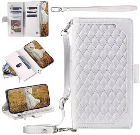 Beajew Coque Compatible avec Samsung Galaxy S23 avec Cordon,Etui Samsung Galaxy S23,Flip Portefeuille Étui Cuir,[9 Porte Cartes] [Fermeture Magnétique]-Blanc