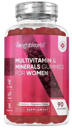 Gummies Multivitamines Femme, Avec 13 Vitamines et Minéraux et Omega 6, 9, 90 Gummies Multivitamines et Minéraux Vegan Goût Fraise et Framboise Pour Plus d'1 Mois Alternative aux Comprimés et Gélules