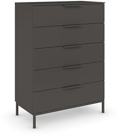 Rauch Möbel Flipp, Hochkommode mit viel Stauraum für Flur, Wohnzimmer, Schlafzimmer, mit Metallkufe Graphit, Graphit, Schwarz, 5 Schubladen, Griffe Graphit, 80x111x42cm