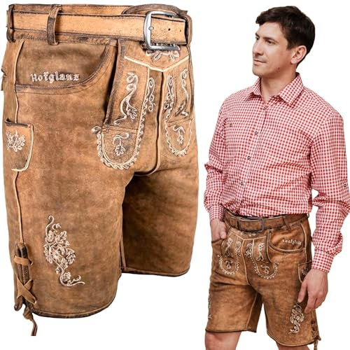HOFGLANZ® Trachten Lederhose Herren Kurz [BRAUN ANTIK] - Hochwertige Trachtenhose für Herren [INKL. TRACHTENGÜRTEL] - Traditionelle Echtlederhose für Oktoberfest Bequem & Robust (Größen 46-58)