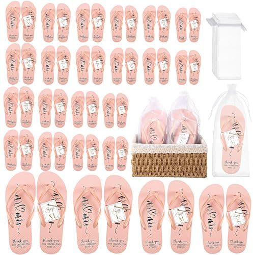 Breathffy 24 Pairs Wedding Flip Flops Bulk Slippers Flip Flops Women Wedding Sandals with Size Cards Drawstring Bags, Rose Gold, Small-X-Large