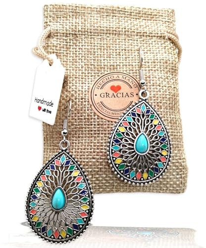 WORLD GOBLINS Pendientes Bohemios Hippie Llamativos, Boho Vintage. Pendiente Largo para Mujer Ideal para Regalar. Mandala Ethno 2024. Elegantes y Ligeros. Regalo Original (Gota Turquesa)