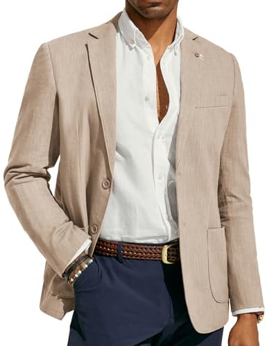 PJ PAUL JONES Chaqueta de vestir para hombre, de lino, moderna, informal, deportiva, corte regular, 2 botones, para negocios, caqui, L