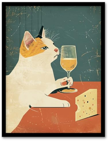 Artery8 Cat Drinking Glass of Wine with Cheese Painting For Kitchen Art Print Framed Poster Wall Decor 12x16 inch
