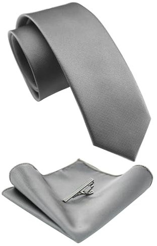 JEMYGINS Schmale Herren Krawatte und Einstecktuch krawattenklammer Set 6cm grau