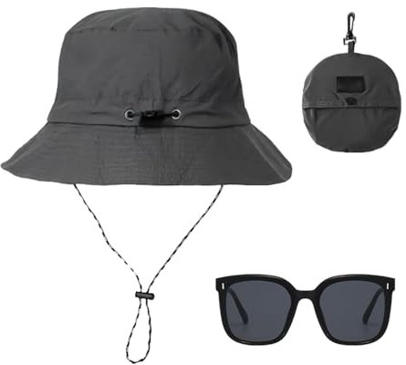 ZBHDEYG 1 Stück Fischerhut, Herren & Damen Regenhut wasserdicht, Herren Sonnenhut mit Sonnenbrille, Grau, Unisex, Eimerhut, Sommer, Outdoor