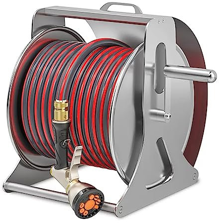Freistehender oder an der Wand montierter professioneller Gartenschlauchaufroller, 1/2-Zoll-Schlauchaufroller-Set, einfach zu transportieren und aufzubewahren, verhindert Verdrehen (15m)