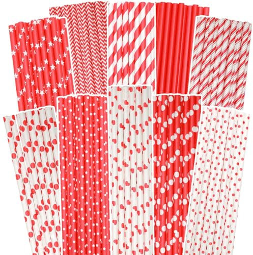 Gcardist Red Paper Straws - 100pcs Disposable Straws Bulk (10 Pattern)
