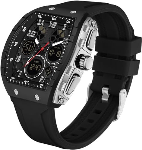 findtime Rechteckige Herrenuhr Cooles Design Kreative Herren Uhren Digital Analog Quarz Armbanduhr mit Doppelzeit Timer Stoppuhr 5ATM Wasserdicht Schwarz Sportuhr