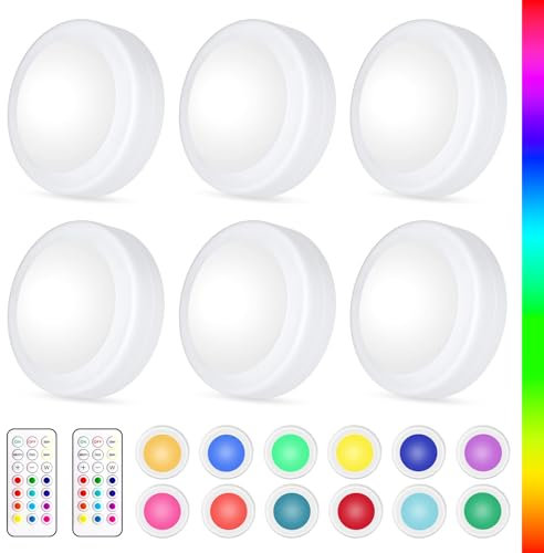 Yiliaw LED Puck-Lichter mit Fernbedienung,AA-Batteriebetriebene Lichter,12 Farben Schrankbeleuchtung,Unterbauleuchten,Drucklichter,Unterschrankbeleuchtung für die Küche,6er-Pack,Schwarz