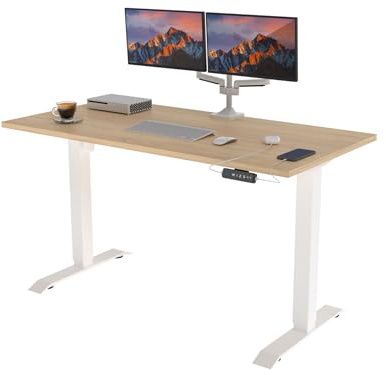 POKAR Höhenverstellbarer Schreibtisch Höhenverstellbar Elektrisch Bürotisch mit Tischplatte (Weiß + Eichen Sonoma, 140 x 60)