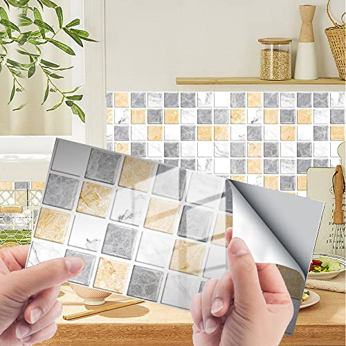 Tile Stickers Grey Yellow Self-Adhesive On Tile Peel Stick,Wallpaper Heat Resistant Waterproof Oil-Proof,Backsplash for Living Room Kitchen,Bathroom