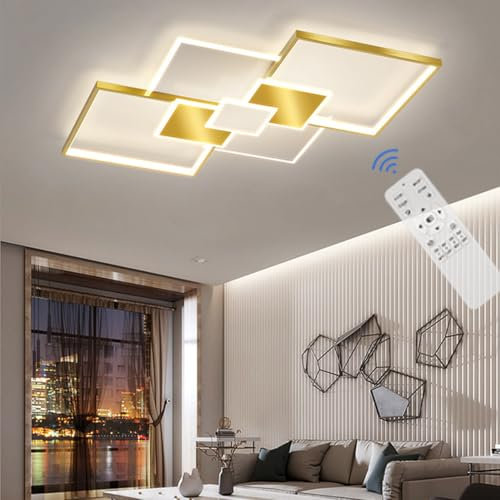 Lxysy Moderne LED Deckenlampe Wohnzimmer Ø110cm, Dimmbar Deckenleuchte Gold mit Fernbedienung, Deckenleuchte Wohnzimmer Modern Groß Klassische geometrische Form (Weiß + Gold, L 110CM)
