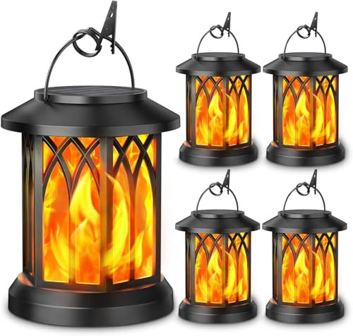 KOOPER Solar Garden Lights Outdoor, 4 Pack Hanging Lanterns with Realistic Flickering Flame LED, Waterproof Flame Effect Ornaments for Decoration Pathway Patio
