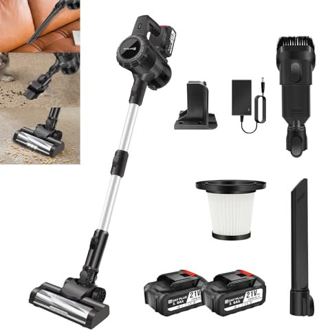 AUTOFU Cordless Vacuum Cleaner | 70 Minute Run Time | 6-in-1 Upright Handheld Stick Vacuum | 2x 3.0Ah Battery | Lightweight Handheld Vacuum Cleaners for Carpets/Hard Floors (Grey, 2x 3.0Ah Batteries)