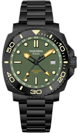 Viqueria Trecento Automatikuhr Stahl Schwarz Grün GMT Keramik Datum Saphir Herren