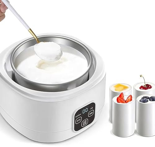 Electric Yogurt Maker, 1L Automatic Yoghurt Machine with Adjustable Temperature & Time Control, Stainless Steel Liner and 4* Ceramic Cup, Automatic Fermenter for Make Fresh Homemade