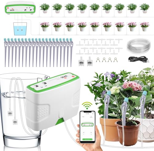 WiFi Automatisches Bewässerungssystem mit Doppelte Pumpe, DIY Tropfbewässerungsset Gesteuert über APP, Wasserstandsalarm/Gartenbewässerungssystem Auto/Manuell/Smart Mode für Balkon,Kübelpflanzen