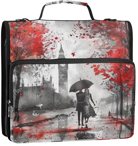 London Painting Big Ben 3,8 cm 3-Ring-Ordner, D-Ring-Reißverschluss, Ordner, Schulordner, Tasche mit Schultergurt, mehrere Taschen, große Portfolio-Mappe