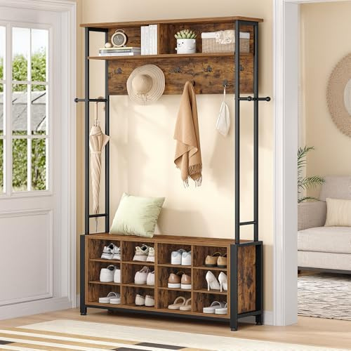 Hzuaneri Garderobenständer mit Schuhbank, Garderobe mit 13 Haken, 14 Offene Fächer, Verstellbare Regalböden, Kleiderständer für Flur, Eingangsbereich, 31 x 108 x 187 cm, Vintagebraun-Schwarz HT17901B
