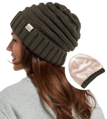 Hat Hut Damen-Wintermütze mit Satinfutter, Slouchy Beanie für Haare, Warme Strickmütze mit Seidenfutter, weich Beanie Wollmütze (DE/NL/SE/PL, Alphanumerisch, Einheitsgröße, Taupe Grün)