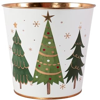 Fyne-Finds Metal White Plant Pot Christmas Trees Stars Design 16cm, 6inch Tin Pail Gold Rim Xmas Festive Planter Home Garden (1)