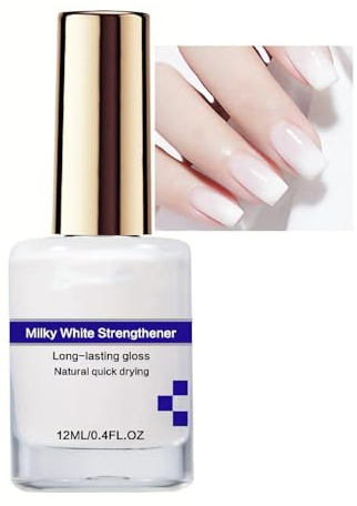 Milky White Nail Strengthener, Extra Strong Nail Polish Strengthener for Damaged Nails, Quick Dry Nail Hardener for Weak Nails, Repair Weak, Thin, Peeling Nails, Jojoba Oil & Vitamin E Care
