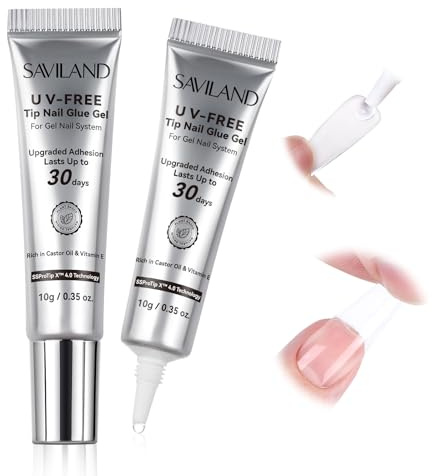SAVILAND No Curing Nail Glue Gel 2PCS: 30-Day Long Wear Semi Solid Nail Glue for Press On Nails Fast Air Dry & Non-Stick Formula Nail Glue Extra Strong with Castor Oil & VE for Nail Art Extensions