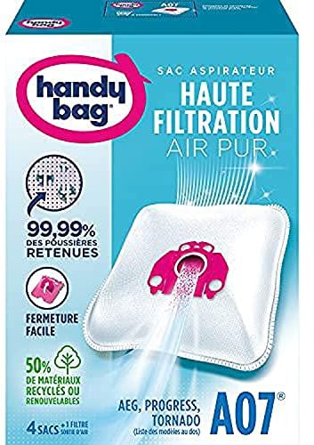 Handy Bag - Sacs aspirateur A07 x4sacs - AEG, Progress,Tornado - 99,99% des poussières retenues - Fermeture facile - Filtre anti-allergène - 50% de matériaux recyclés ou renouvelables
