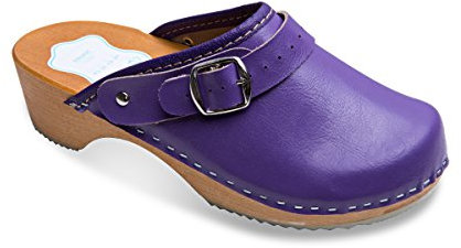 FUTURO FASHION Women's Healthy Natural Genuine Leather Wooden Sole Plain Clogs Unisex Colours, Lilac, 8 UK