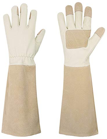 HANDLANDY Lange Gartenhandschuhe für Männer und Frauen, Schweinsleder, Rosen-Handschuhe, atmungsaktiv und langlebig, mit dornsicheren Stulpen (M, Beige)