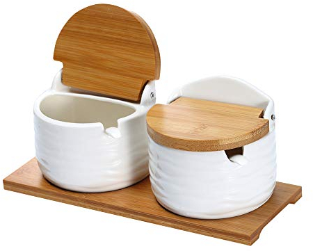 Lucky Goddness Ceramic Sugar Bowl with Lids and Spoons-Porcelain Condiment Container Spice Jar,Salt Cellar for Kitchen,with Chalkboard Labels,8.8 fl oz 260ML